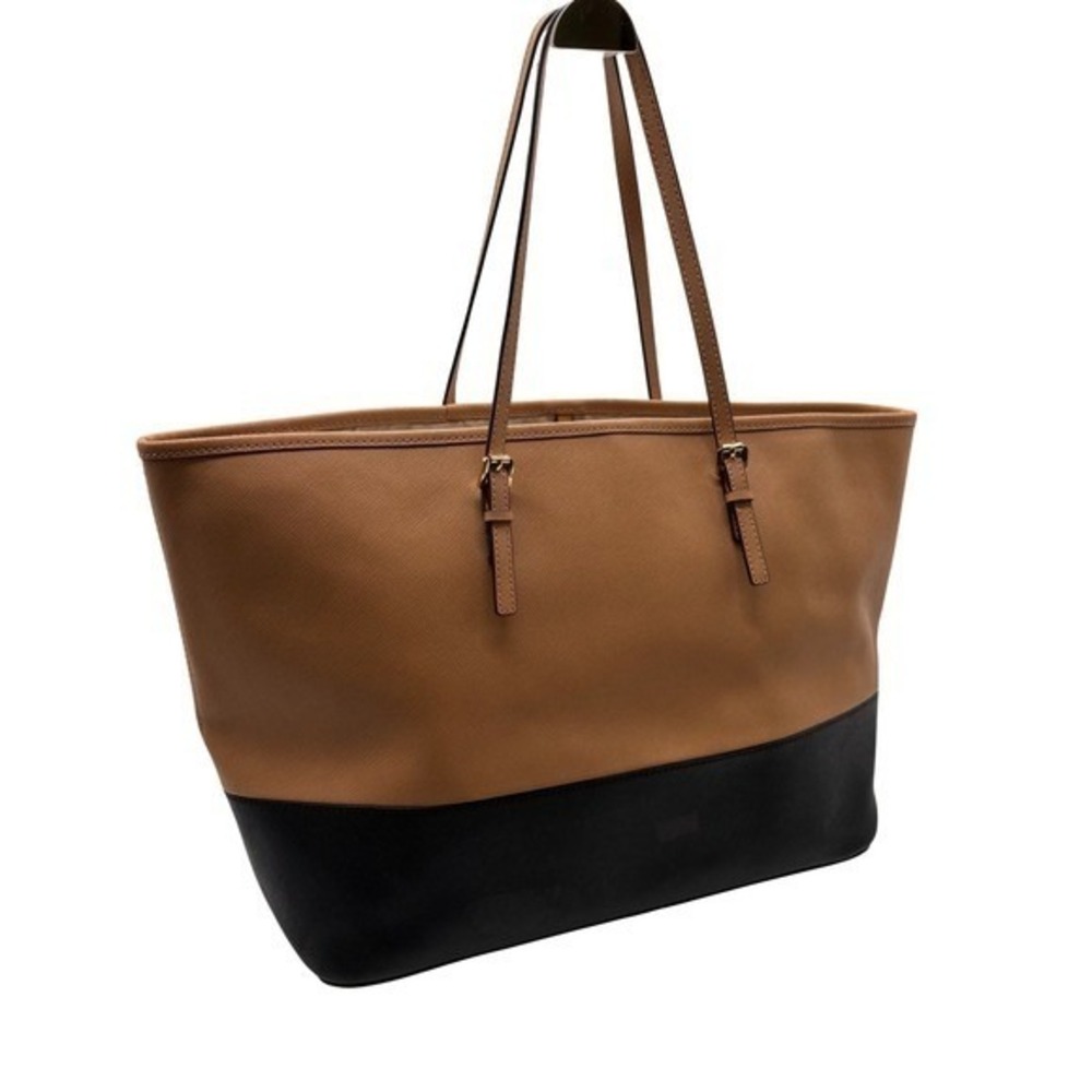 Michael Kors Jet Set Travel Tote Saffiano Leather Tan Black Color Block Bag - Picture 4 of 9